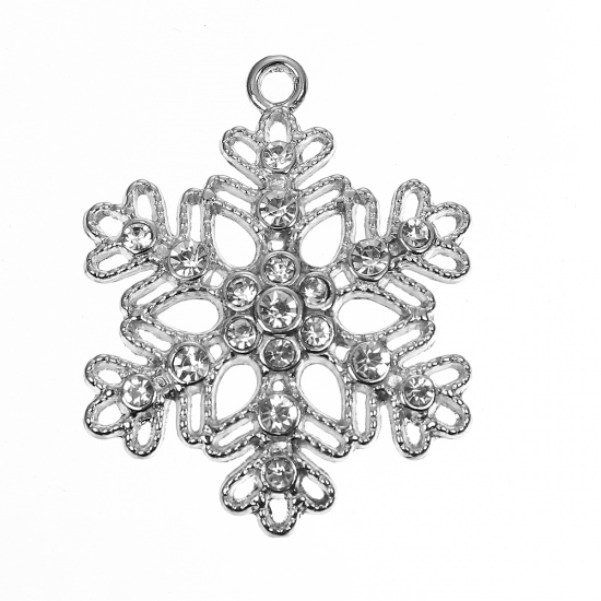 Picture of Zinc Based Alloy Pendants Christmas Snowflake Silver Tone Clear Rhinestone 40mm(1 5/8") x 32mm(1 2/8"), 5 PCs