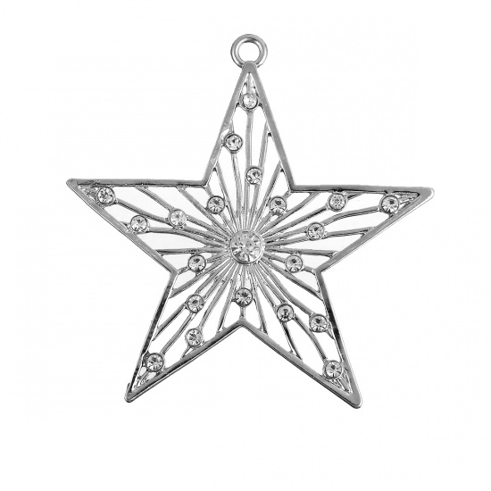 Bild von Zinklegierung Anhänger Pentagramm Stern Silberfarbe Transparent Strass Hohl 83mm x 82mm, 1 Stück