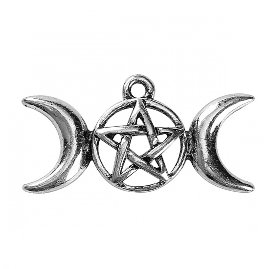Picture of Zinc Based Alloy Charms Half Moon Antique Silver Star 29mm(1 1/8") x 15mm( 5/8"), 20 PCs