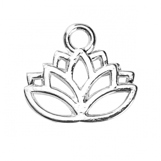 Picture of Zinc Based Alloy Charms Lotus Flower Silver Plated 17mm( 5/8") x 15mm( 5/8"), 200 PCs