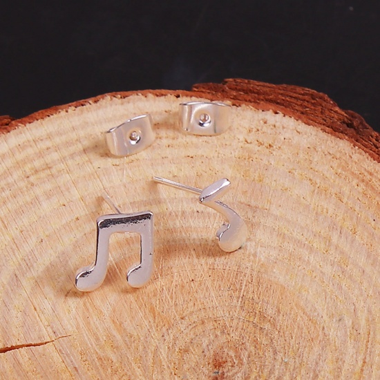 Picture of Music Ear Post Stud Earrings Silver Tone Musical Note 9mm( 3/8") x 9mm( 3/8"), Post/ Wire Size: (21 gauge), 1 Pair