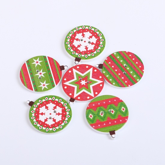 Picture of Three-ply Board Sewing Buttons Scrapbooking Two Hole Round Red & Green Christmas Snowflake Pattern 30mm(1 1/8") x 26mm(1"), 50 PCs