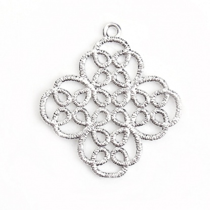 Picture of Copper Metal Lace Charms Rhombus Silver Tone Filigree 29mm(1 1/8") x 27mm(1 1/8"), 3 PCs