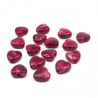 Picture of Acrylic Beads Heart Wine Red Marble Effect About 14mm x 14mm, Hole: Approx 2.2mm, 50 PCs