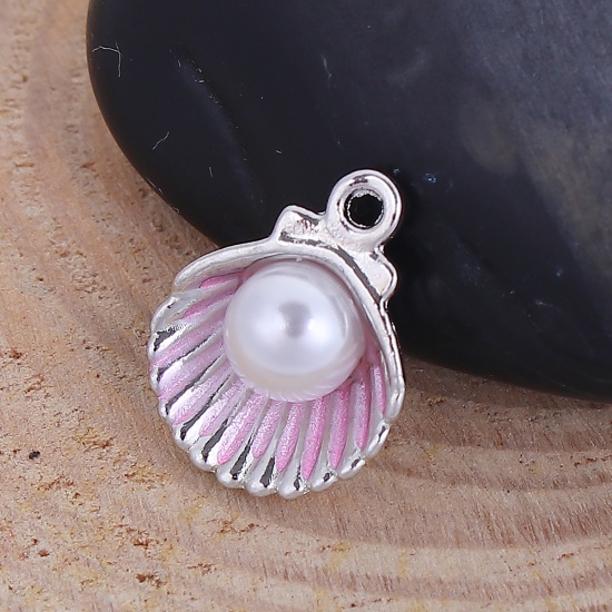Picture of Zinc Based Alloy One Pearl Jewelry Charms Shell Silver Tone Pink Acrylic Imitation Pearl 15mm( 5/8") x 12mm( 4/8"), 20 PCs