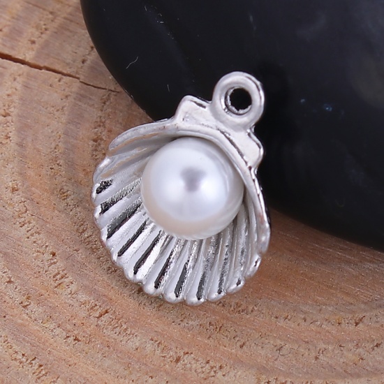 Picture of Zinc Based Alloy One Pearl Jewelry Charms Shell Silver Tone White Acrylic Imitation Pearl 15mm( 5/8") x 12mm( 4/8"), 20 PCs