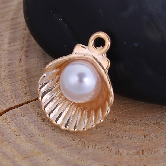 Picture of Zinc Based Alloy One Pearl Jewelry Charms Shell Gold Plated White Acrylic Imitation Pearl 15mm( 5/8") x 12mm( 4/8"), 20 PCs