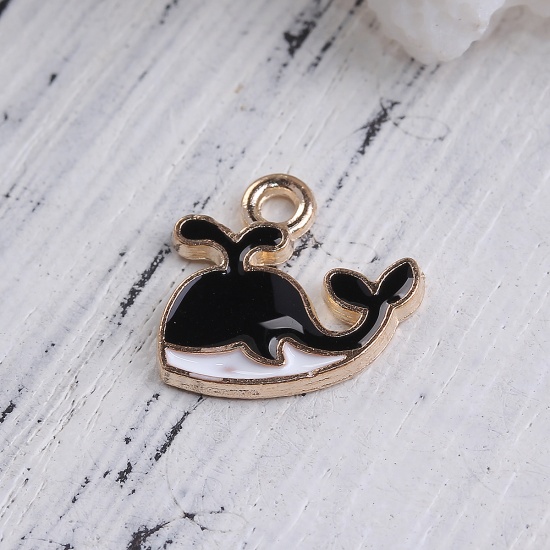 Picture of Zinc Based Alloy Charms Whale Animal Gold Plated Black & White Enamel 14mm( 4/8") x 12mm( 4/8"), 20 PCs