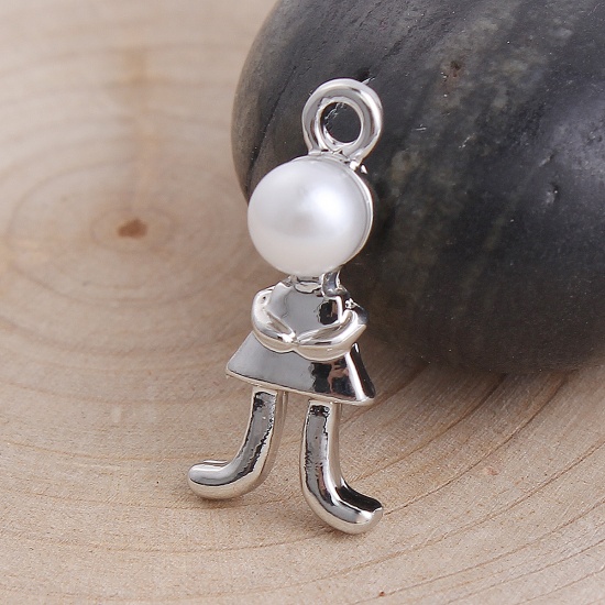 Picture of Zinc Based Alloy One Pearl Jewelry Charms Girl Silver Tone White Acrylic Imitation Pearl 23mm( 7/8") x 10mm( 3/8"), 10 PCs