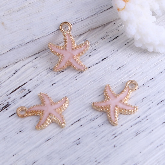 Picture of Zinc Based Alloy Ocean Jewelry Charms Star Fish Gold Plated Pink Enamel 18mm( 6/8") x 15mm( 5/8"), 20 PCs