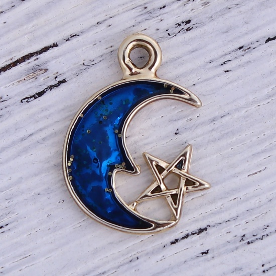 Picture of Zinc Based Alloy Galaxy Charms Half Moon Gold Plated Royal Blue Star Enamel 21mm( 7/8") x 15mm( 5/8"), 10 PCs
