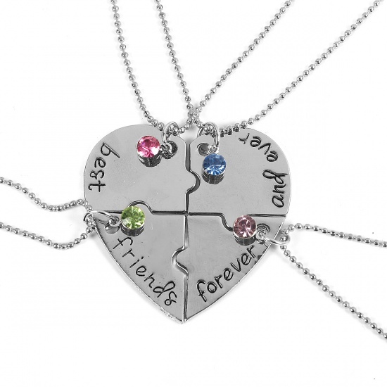 Picture of Best Friends Necklace Silver Tone Heart Message " best friends forever and ever " Multicolor Rhinestone 52cm(20 4/8") long, 1 Set ( 4 PCs/Set)