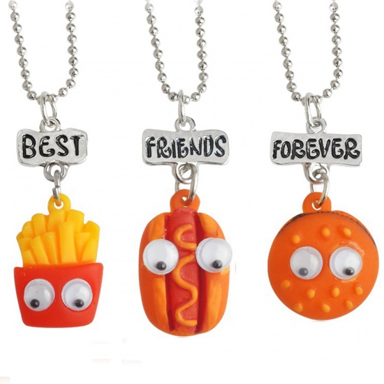 Picture of Resin Best Friends Necklace Red Yellow Hamburger Hot Dog Message " BEST FRIENDS FOREVER " 47cm(18 4/8") long, 1 Set ( 3 PCs/Set)