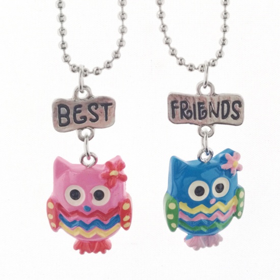 Picture of Resin Best Friends Necklace Red Blue Owl Animal Message 46cm(18 1/8") long, 1 Set ( 2 PCs/Set)