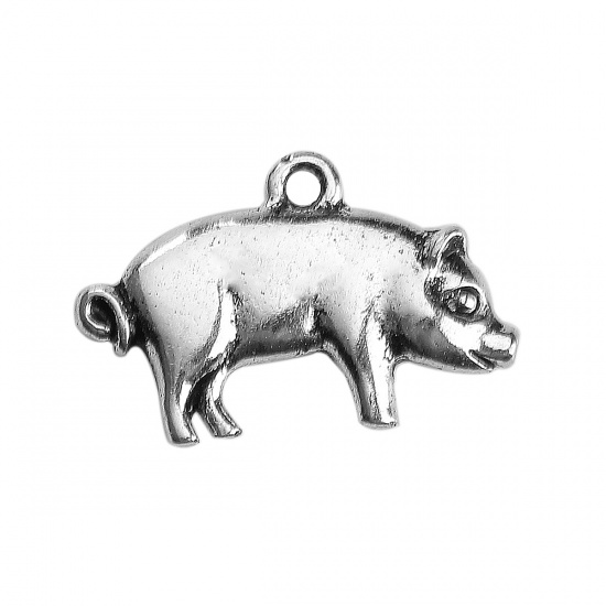 Picture of Zinc Based Alloy Charms Pig Animal Antique Silver 20mm( 6/8") x 13mm( 4/8"), 30 PCs