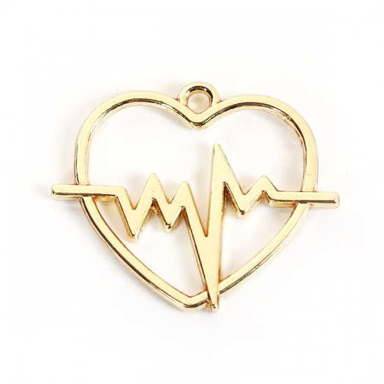 Picture of Zinc Based Alloy Pendants Heart Gold Plated Heartbeat/ Electrocardiogram 30mm(1 1/8") x 25mm(1"), 10 PCs