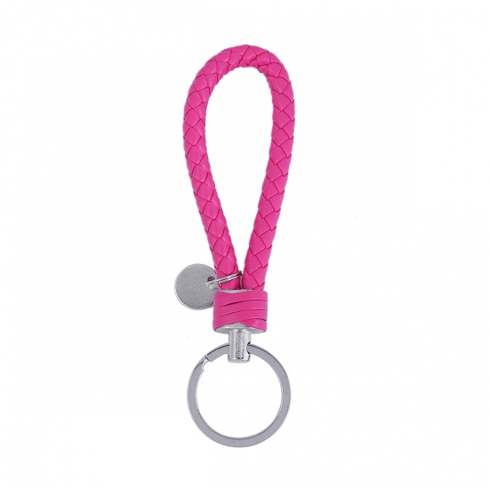 Picture of PU Leather Keychain & Keyring Silver Tone Fuchsia 13cm, 2 PCs