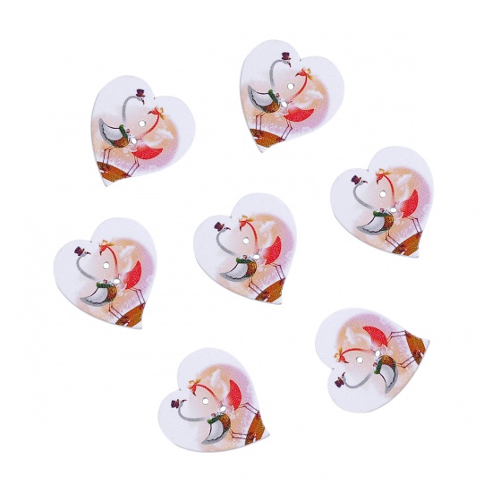 Picture of Wood Sewing Buttons Scrapbooking 2 Holes Heart Multicolor Bird Pattern 29mm(1 1/8") x 28mm(1 1/8"), 50 PCs