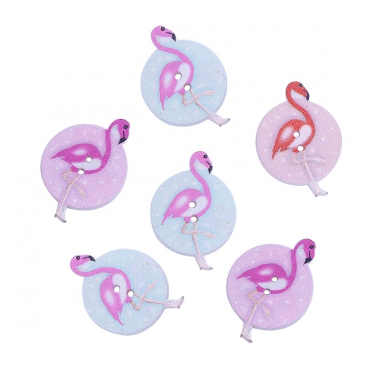 Picture of Wood Sewing Buttons Scrapbooking 2 Holes Flamingo At Random Round Pattern 34mm(1 3/8") x 25mm(1"), 50 PCs
