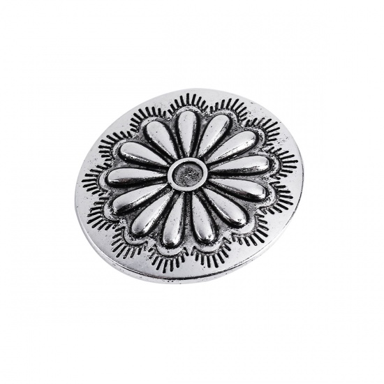 Picture of Zinc Based Alloy Metal Sewing Buttons Round Antique Silver Flower Carved 30mm(1 1/8") Dia, 5 PCs