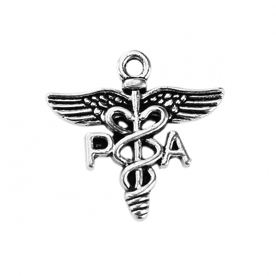Picture of Zinc Based Alloy Medical Charms Wing Antique Silver Message " PA " 20mm( 6/8") x 20mm( 6/8"), 30 PCs