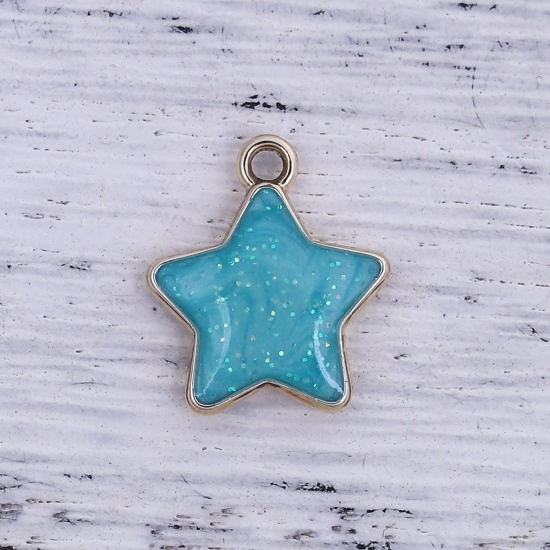 Picture of Zinc Based Alloy Galaxy Charms Pentagram Star Gold Plated Blue Enamel Glitter 17mm( 5/8") x 15mm( 5/8"), 10 PCs