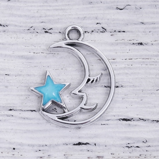 Picture of Zinc Based Alloy Galaxy Charms Half Moon Silver Tone Blue Star Enamel 20mm( 6/8") x 16mm( 5/8"), 10 PCs