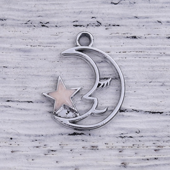 Picture of Zinc Based Alloy Galaxy Charms Half Moon Silver Tone Pink Star Enamel 20mm( 6/8") x 16mm( 5/8"), 10 PCs