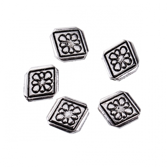Picture of Zinc Based Alloy Spacer Beads Rhombus Antique Silver Flower 11mm x 10mm, Hole: Approx 1.3mm, 50 PCs