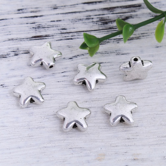 Picture of Zinc Based Alloy Spacer Beads Pentagram Star Antique Silver 12mm x 11mm, Hole: Approx 1.2mm, 50 PCs