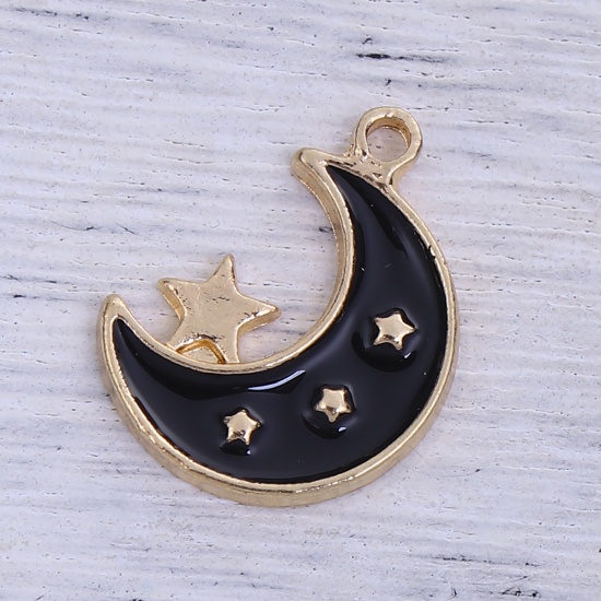 Picture of Zinc Based Alloy Galaxy Charms Half Moon Gold Plated Black Star Enamel 24mm(1") x 17mm( 5/8"), 10 PCs
