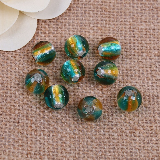Picture of Lampwork Glass Beads Ball Coffee Rainbow Foil About 12mm Dia, Hole: Approx 1.7mm, 3 PCs
