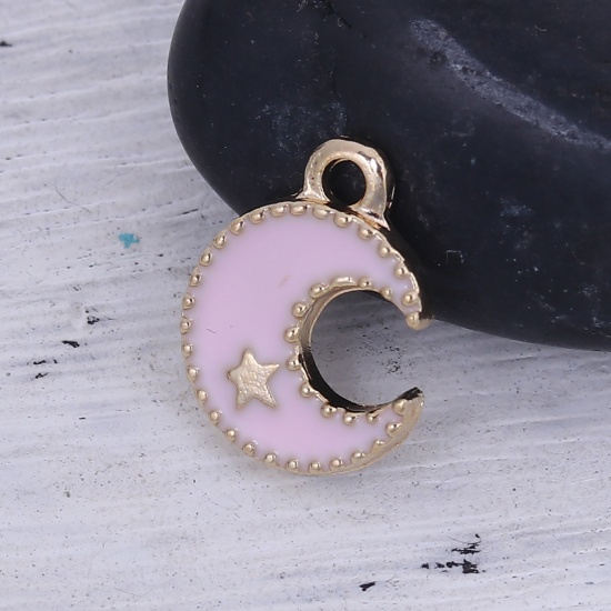 Picture of Zinc Based Alloy Galaxy Charms Half Moon Gold Plated Pink Star Enamel 16mm( 5/8") x 12mm( 4/8"), 20 PCs