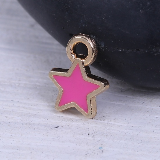 Picture of Zinc Based Alloy Galaxy Charms Star Gold Plated Fuchsia Enamel 9mm( 3/8") x 7mm( 2/8"), 30 PCs