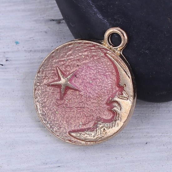 Picture of Zinc Based Alloy Galaxy Charms Half Moon Gold Plated Pink Star Enamel 27mm(1 1/8") x 22mm( 7/8"), 5 PCs