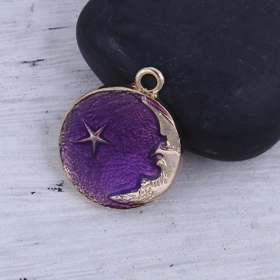 Picture of Zinc Based Alloy Galaxy Charms Half Moon Gold Plated Purple Star Enamel 27mm(1 1/8") x 23mm( 7/8"), 5 PCs