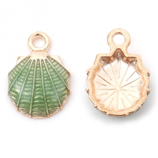 Picture of Zinc Based Alloy Ocean Jewelry Charms Shell Gold Plated Green Enamel Sequins 19mm( 6/8") x 13mm( 4/8"), 10 PCs