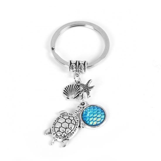 Bild von Harz Meerjungfrau/Drachen Fischschuppen Schlüsselkette & Schlüsselring Schildkroete Tier Antiksilber Hellblau AB Farbe Muschelschale 84mm x 32mm, 1 Stück