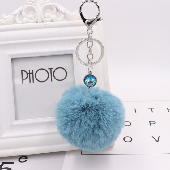 Bild von Harz Meerjungfrau/Drachen Fischschuppen Schlüsselkette & Schlüsselring Pompon Ball Antiksilber Blau Rund 15.3cm, 1 Stück