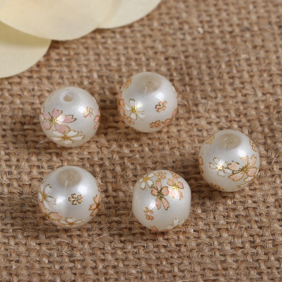 Image de Perles Peinture Japonaise Vintage Japonais Tensha en Verre Fleur Sakura Crème Rond Imitation Perles, 12mm Dia, Tailles de Trous: 1.2mm, 5 Pcs