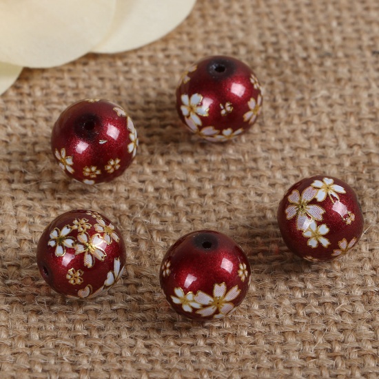 Image de Perles Peinture Japonaise Vintage Japonais Tensha en Verre Fleur Sakura Rouge Foncé Rond Imitation Perles, 12mm Dia, Tailles de Trous: 1.2mm, 5 Pcs