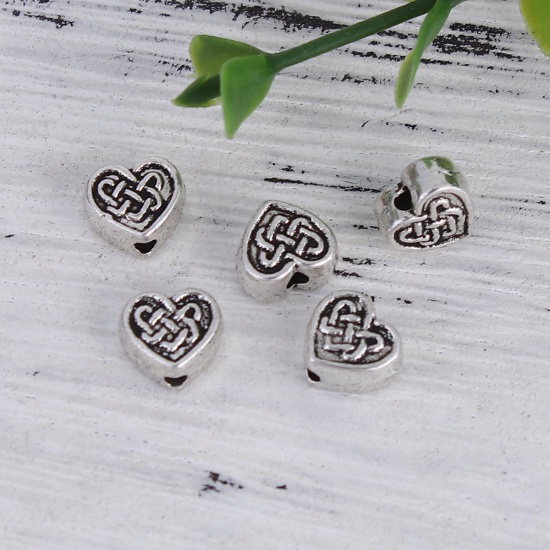 Picture of Zinc Based Alloy Beads Heart Antique Silver Color Chinese Knot About 7mm x 7mm, Hole: Approx 1.8mm, 100 PCs