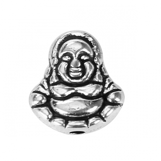 Picture of Zinc Based Alloy 3D Beads Maitreya Buddha Antique Silver 11mm x 10mm, Hole: Approx 1.4mm, 50 PCs