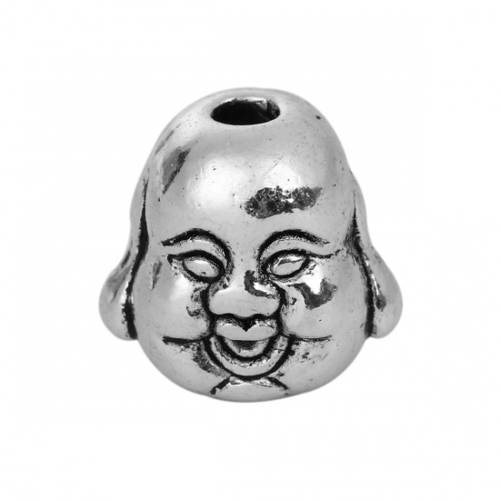 Picture of Zinc Based Alloy 3D Spacer Beads Maitreya Buddha Antique Silver 10mm x 10mm, Hole: Approx 2.1mm, 30 PCs