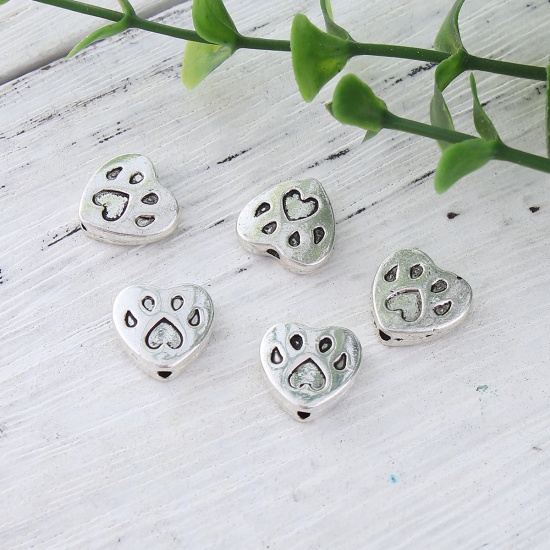 Picture of Zinc Based Alloy Spacer Beads Heart Antique Silver Bear Paw Print 12mm x 11mm, Hole: Approx 1.3mm, 50 PCs