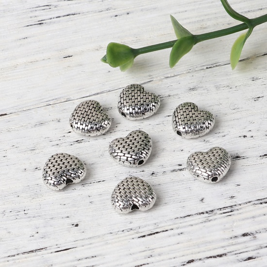 Picture of Zinc Based Alloy Spacer Beads Heart Antique Silver 9.5mm x 8.6mm, Hole: Approx 0.8mm, 100 PCs