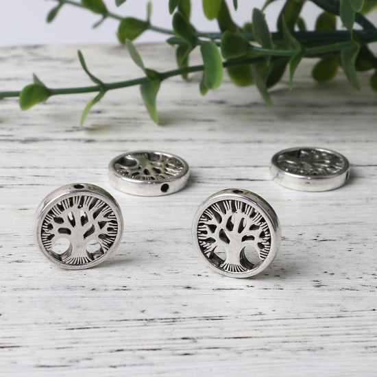 Picture of Zinc Based Alloy Spacer Beads Round Antique Silver Tree About 17.6mm Dia, Hole: Approx 1.5mm, 20 PCs