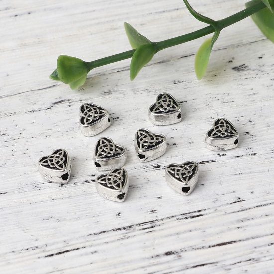 Picture of Zinc Based Alloy Spacer Beads Heart Antique Silver Celtic Knot 6.5mm x 6.1mm, Hole: Approx 0.7mm, 200 PCs