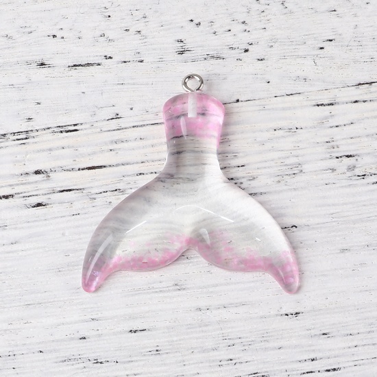 Picture of Resin Pendants Mermaid Pink Transparent Clear Glitter 42mm(1 5/8") x 38mm(1 4/8"), 4 PCs