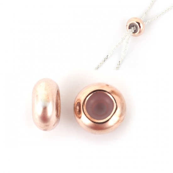 Picture of Copper Slider Clasp Beads Round Rose Gold With Adjustable Silicone Core 8mm( 3/8") x 4mm( 1/8"), Hole: 2.3mm, 10 PCs